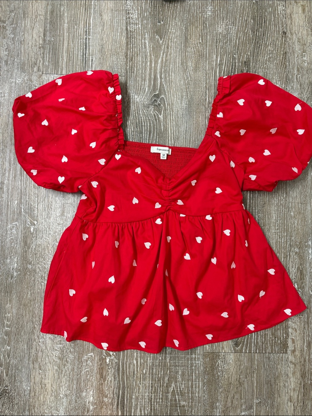 Francesca's Red Heart Accent Puff-Sleeve Top